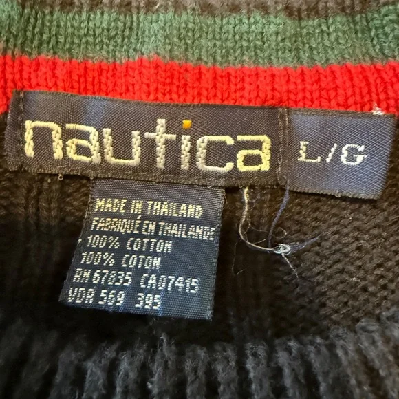 Vintage Nautica Cable Knit Sweater L Black 100% Cotton 90s Logo Crewneck - Picture 10 of 13
